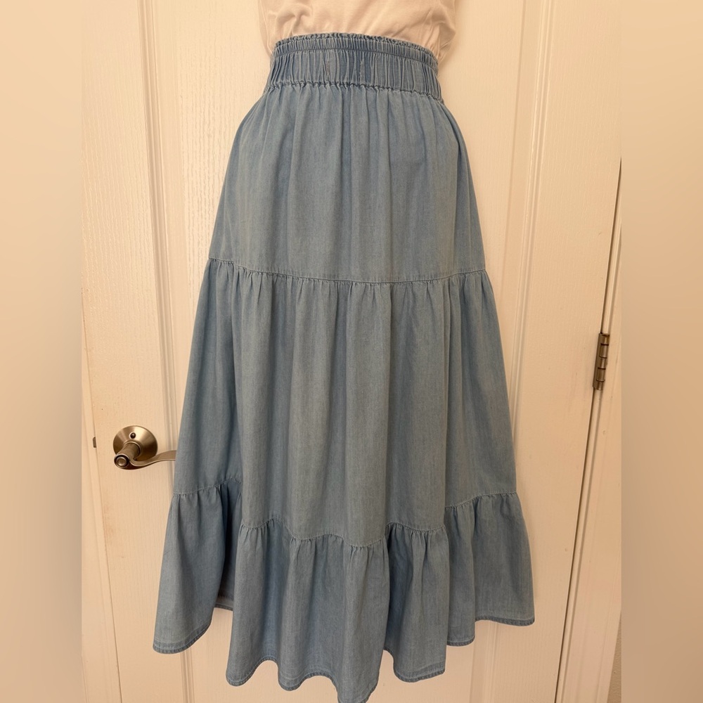 Tronjori Light Blue Chambray Denim Tiered Ankle Maxi Western Prairie Skirt, M - Picture 3 of 13